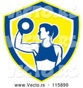 Vector of Fit Lady Doing Bicep Curls with a Dumbbell in a White Blue and Yellow Shield by Patrimonio