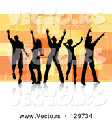 Vector of Five Black Silhouetted Dancers over a Retro Orange Square Background on a White Dance Floor by KJ Pargeter
