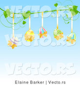 Vector of Five Painted Easter Eggs Hanging from a Vine Against Blue Background by Elaineitalia