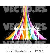 Vector of Five White Silhouetted People Dancing in Front of a Sparkly Rainbow over a Black Background by KJ Pargeter