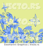 Vector of Floral Background Design with Blue Flowers and Butterflies over Green by Vector Tradition SM