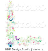 Vector of Floral Vines with Two Birds Beside a House - Border Background Design by BNP Design Studio