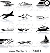 Vector of Flying Envelope, Race Car, Tire, Bird, Jet, Super Hero, Rocket, Lightning Bolt, Hare, Sprinter, Cheetah, and Sail Boat, over a White Background by AtStockIllustration