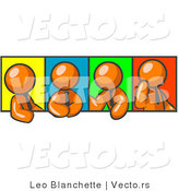 Vector of Four Orange Guys in Different Poses Against Colorful Backgrounds, Perhaps During a Meeting by Leo Blanchette