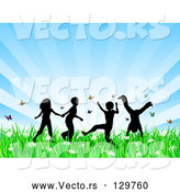 Vector of Four Silhouetted KChildren Running, Holding Hands and Doing Somersaults in a Field of Butterflies and Spring Flowers over a Bursting Blue Background by KJ Pargeter
