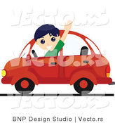 Vector of Friendly Boy Waving While Driving a Red Car by BNP Design Studio