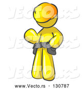 Vector of Friendly Yellow Construction Worker or Handyman Wearing a Hardhat and Tool Belt and Waving by Leo Blanchette