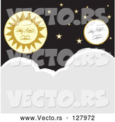 Vector of Full Moon and Sun Faces with Stars over Clouds by Xunantunich