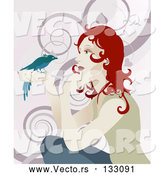 Vector of Gentle Redhead Lady Holding a Bird in Her Hand by AtStockIllustration