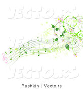 Vector of Green Music Notes with Pink Flowers and Vines - Background Border Design Element by Pushkin