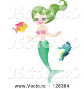 Vector of Green Themed Mermaid Swimming with a Seahorse and Fish by Yayayoyo