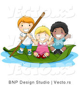 Vector of Group of 3 Happy Kids Floating on a Leaf Boat in a Small Pool of Water by BNP Design Studio