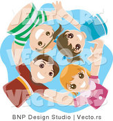 Vector of Group of 4 Happy Kids Huddling in a Circle and Looking down by BNP Design Studio