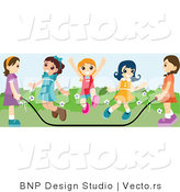 Vector of Group of Happy Young Girls Jumping Rope at Recess by BNP Design Studio