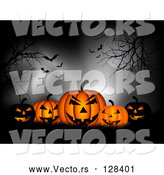 Vector of Group of Spooky Black and Orange Glowing Pumpkins in Silhouetted Grass, Under Trees, a Full Moon, Fog and Vampire Batss by KJ Pargeter