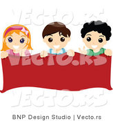Vector of Group of Young Boys and a Girl Holding a Blank Red Banner by BNP Design Studio