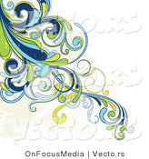 Vector of Grunge Blue, Green and Yellow Swirly Vines with Beige Splatters - Background Corner Border Design by OnFocusMedia