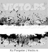 Vector of Grungy White Copyspace Bar Bordered with Black Circles, Vines, Halftone and Splatters over Gray by KJ Pargeter