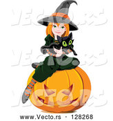 Vector of Halloween Witch Holding a Kitten and Sitting on a Pumpkin by Pushkin