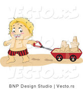 Vector of Happy Baby Boy Pulling Sand Castle in a Cart by BNP Design Studio