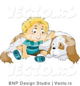 Vector of Happy Baby Boy Sitting by and Petting His Dog by BNP Design Studio