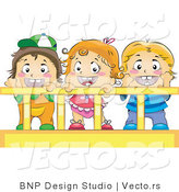 Vector of Happy Baby Girl and Boys Standing in a Crib by BNP Design Studio