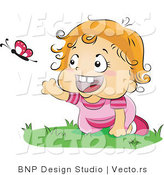 Vector of Happy Baby Girl Chasing a Butterfly While Crawling on Grass by BNP Design Studio