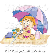 Vector of Happy Baby Girl in a Bikini, Applying Sun Block on a Beach by BNP Design Studio