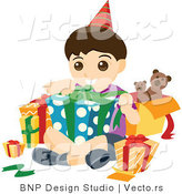 Vector of Happy Birthday Boy Opening His Presents by BNP Design Studio