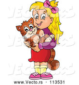 Vector of Happy Blond White Girl Holding Her Pet Cat by Visekart