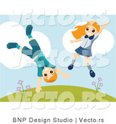 Vector of Happy Boy and Girl Jumping Around and Doing Cartwheels on a Hill by BNP Design Studio