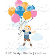 Vector of Happy Boy Floating into Sky with Balloons and Clouds by BNP Design Studio