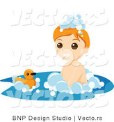 Vector of Happy Boy Playing with Floating Duck Toy in Bubble Bath by BNP Design Studio