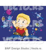 Vector of Happy Boy Reaching for Planets Emerging from an Open School Book by BNP Design Studio