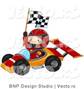 Vector of Happy Boy Waving Checkered Flag While Driving a Race Car by BNP Design Studio