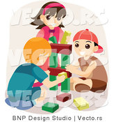 Vector of Happy Boys and a Girl Playing with Blocks by BNP Design Studio