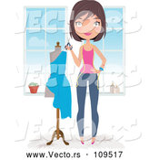 Vector of Happy Brunette Caucasian Female Fashion Designer Holding Scissors by a Dress on a Mannequin by Melisende Vector