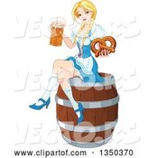 Vector of Happy Cartoon Blond Oktoberfest Beer Maiden Holding a Mug and Soft Pretzel and Sitting on a Keg by Pushkin