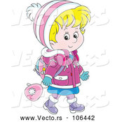 Vector of Happy Cartoon Blond White School Girl Walking in Winter Apparel by Alex Bannykh