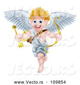 Vector of Happy Cartoon Blond White Valentines Day Cupid Holding a Gold Heart Arrow and Bow by AtStockIllustration