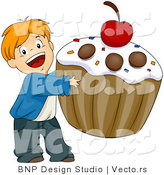 Vector of Happy Cartoon Boy Carrying Giant Cupcake with Cherry on Top by BNP Design Studio