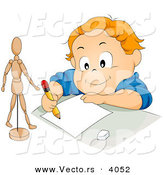Vector of Happy Cartoon Boy Drawing Stick Figure Model on Paper with Pencil by BNP Design Studio