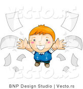 Vector of Happy Cartoon Boy Flying Beside Loose Paperwork by BNP Design Studio