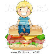 Vector of Happy Cartoon Boy Sitting on Big Cheeseburger by BNP Design Studio
