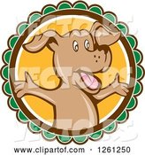 Vector of Happy Cartoon Brown Dog with Open Arms on a Round Label by Patrimonio
