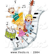 Vector of Happy Cartoon Children Playing on Piano Keys with Music Notes and Instruments by BNP Design Studio