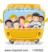 Vector of Happy Cartoon Diverse Children and a Driver in a Packed School Bus by BNP Design Studio