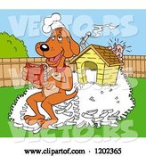 Vector of Happy Cartoon Hound Dog Chef Eating Ribs on a Pile of Bones by His House, a Pig Hiding by LaffToon