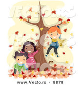 Vector of Happy Cartoon Kids Playing by a Tree with Autumn Leaves by BNP Design Studio