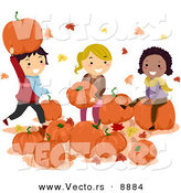 Vector of Happy Cartoon Kids Playing with Pumpkins with Autumn Leafs by BNP Design Studio